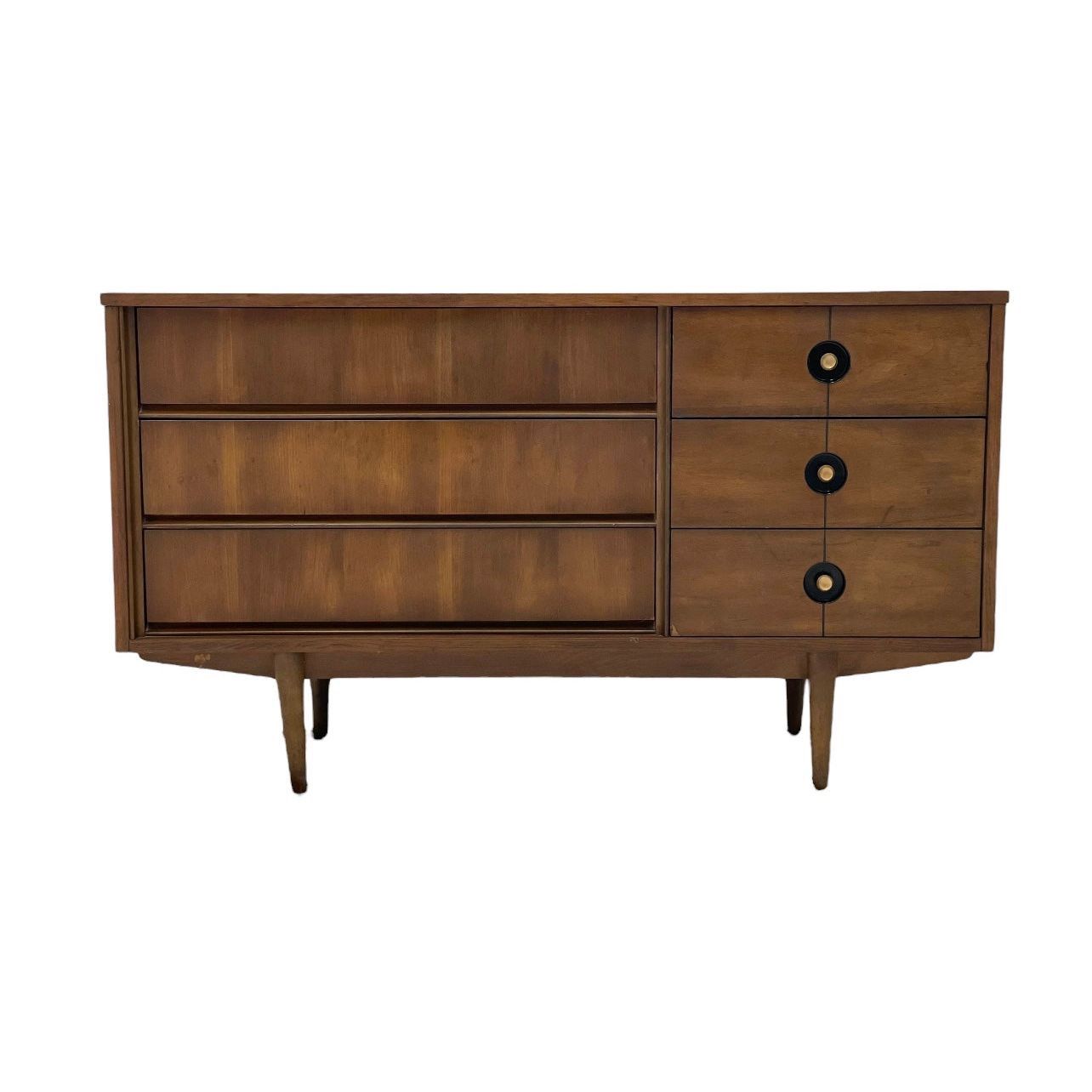 Vintage Mid Century Modern Retro Dresser Cabinet Credenza in Walnut Tone with Tapered Legs, Original Hardware and Condition, Storage Drawers