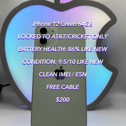 iPhone 12 Green 64GB LOCKED FOR AT&T/CRICKET Like New Authentic