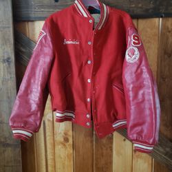 Large Vintahe Red High School Letterman Jacket. 79'
