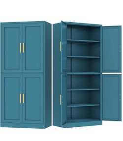 71" H Tall Metal Pantry Cabinet with 4 Doors and 4 Adjustable Shelves, Kitchen Pantry Storage Cabinets, Blue Pantry Cabinet for Living, Dining Room