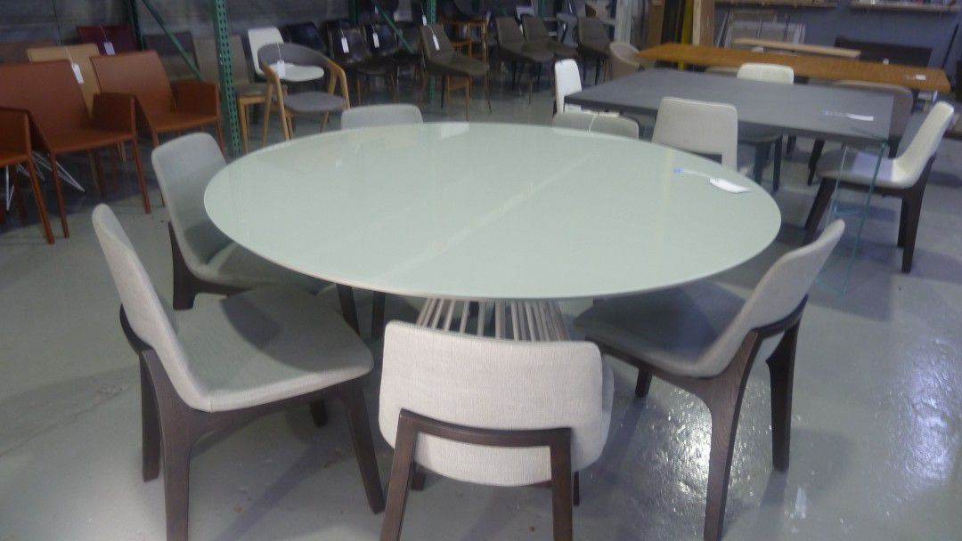 Modloft Carlisle Dining Table Top in Ice Glass, Base in Ice Matte Steel | Reg. $2,499