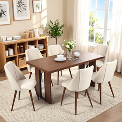 Homy Casa SORIAN+KALI 7PC Dining Set 63" Table with 6 Beige Fabric Chairs Walnut Metal Legs