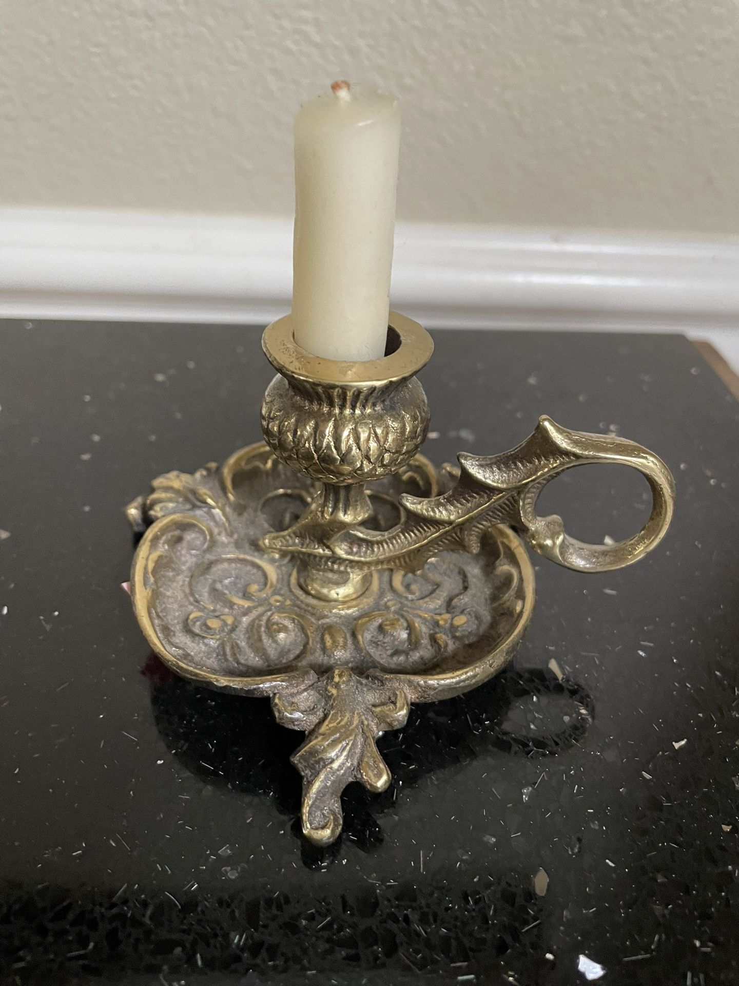 Vintage Brass Chamber Candle Holder , Art Nouveau to Bed Candle 2”x3”