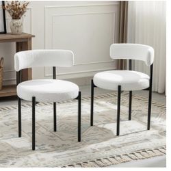 Boucle Dining Chairs Set of 2, White Dining Chairs with Upholstered Seat and Round Back, Mid-Century Modern Kitchen Chairs for Dining Room, Restaurant
