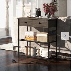 Entryway Console Table with Charging Station, Narrow Table with 2 Drawers and 2 Wire Mesh Shelves, 2 Power Outlets and 2