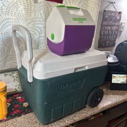 (2) Coleman Cooler Ice Chests: Large 24” Pull Roller and Small Carry Ice Chests