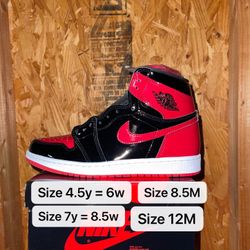 Air Jordan 1 Patent Bred Mens Size 8.5 Size 12 GS Size 4.5y Size 7y Brand New