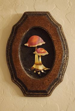 VINTAGE RETRO MUSHROOM WOOD MID CENTURY 3D COPPER BRASS METAL PICTURE ART PLAQUE MCM DECOR