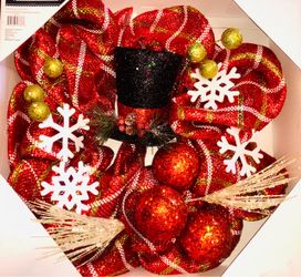 Christmas Wreath door wall decoration balls snowflake plaid red green fancy black hat