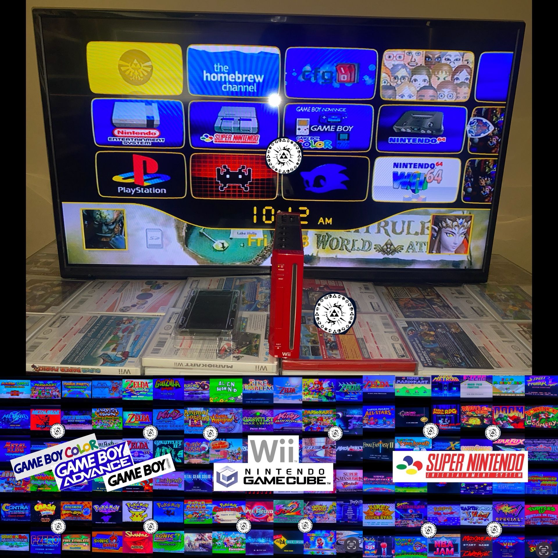 Nintendo Wii In Red w/ 1 TB HD (Only) & 7000+ Wii, Gamecube, SNES, NES, GBA, Gameboy Color, N64, Sega, PS1, Arcade & More!