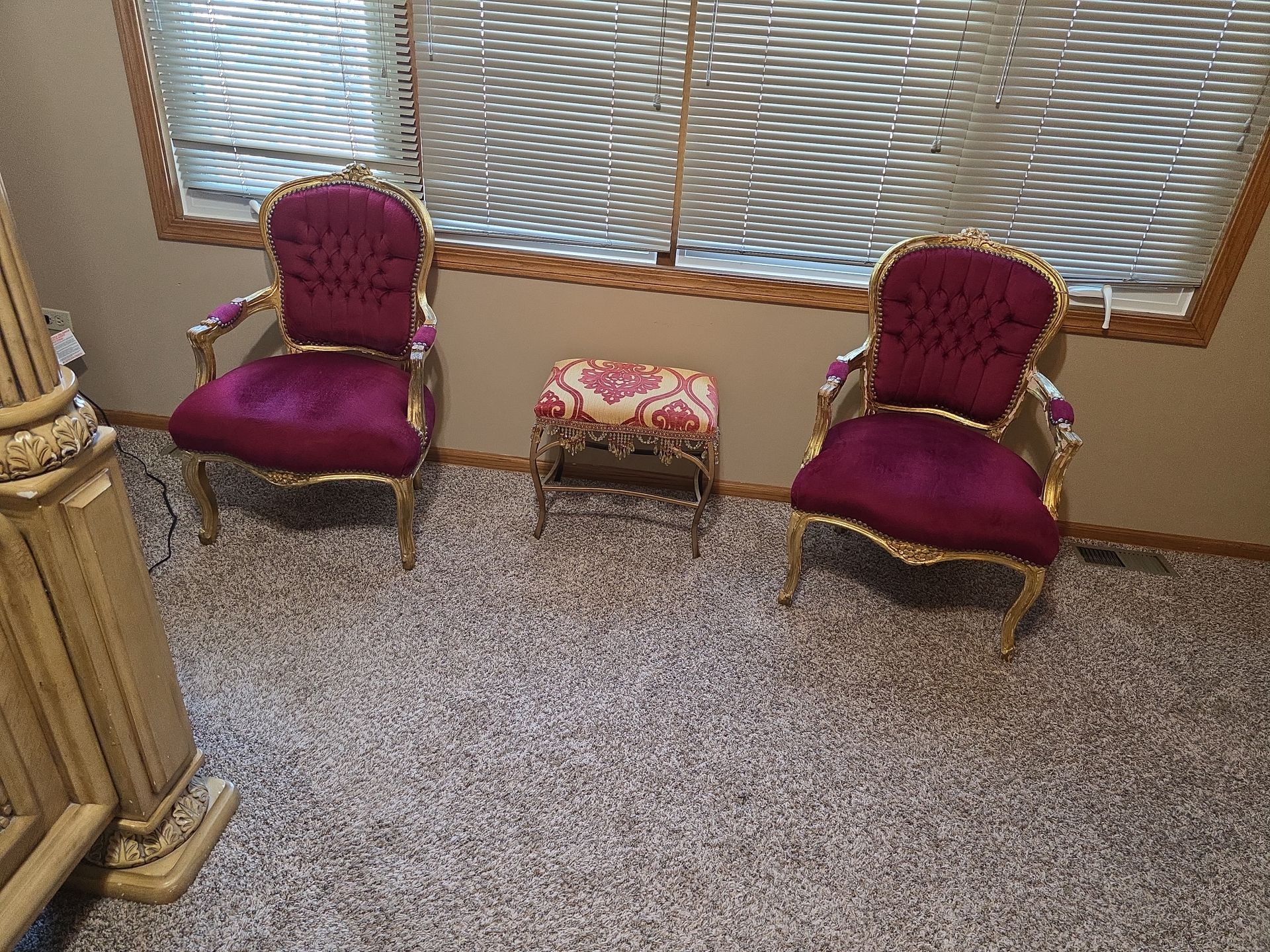 2 royal velvet burgundy chairs &ottoman