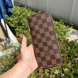 Louis Vuitton Damier Ebene Clémence Zippy Wallet with Red Accent