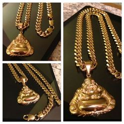 24" Gold Plated 10 mm Cuban Link Necklace w Buddha Pendant