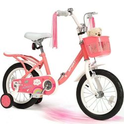14Inch Kids Bike for 3 -8 Years Girls Boys with Handbrake 14" Children Princess Bicycle with Training Wheels Basket Streamer Toddler Cycle Bikes Pink