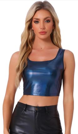 Medium Women's U Neck Sleeveless Halloween Party Clubwear Holographic Shiny Metallic Crop Top
