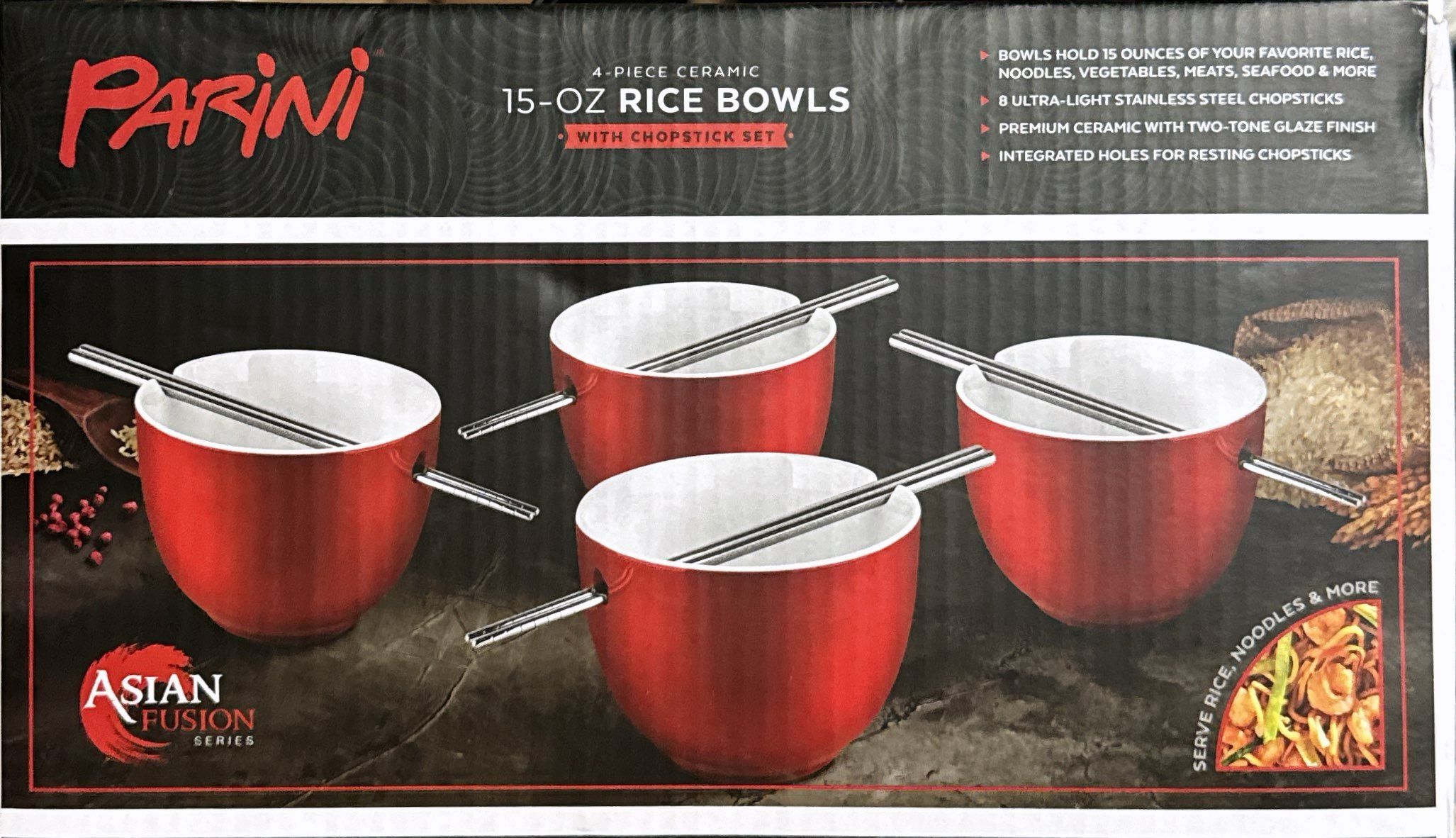 Parini 4-Piece Ceramic Rice Bowls With Chopsticks Set