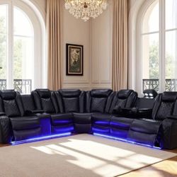 Power Electric Black Leather Fully Reclining Sectional Couch 