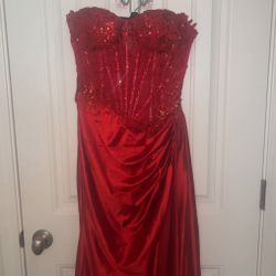 Elegant Strapless Red Sequin Gown with Draped Satin Skirt