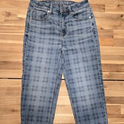 American Eagle plaid-printed stretch mom straight leg jeans