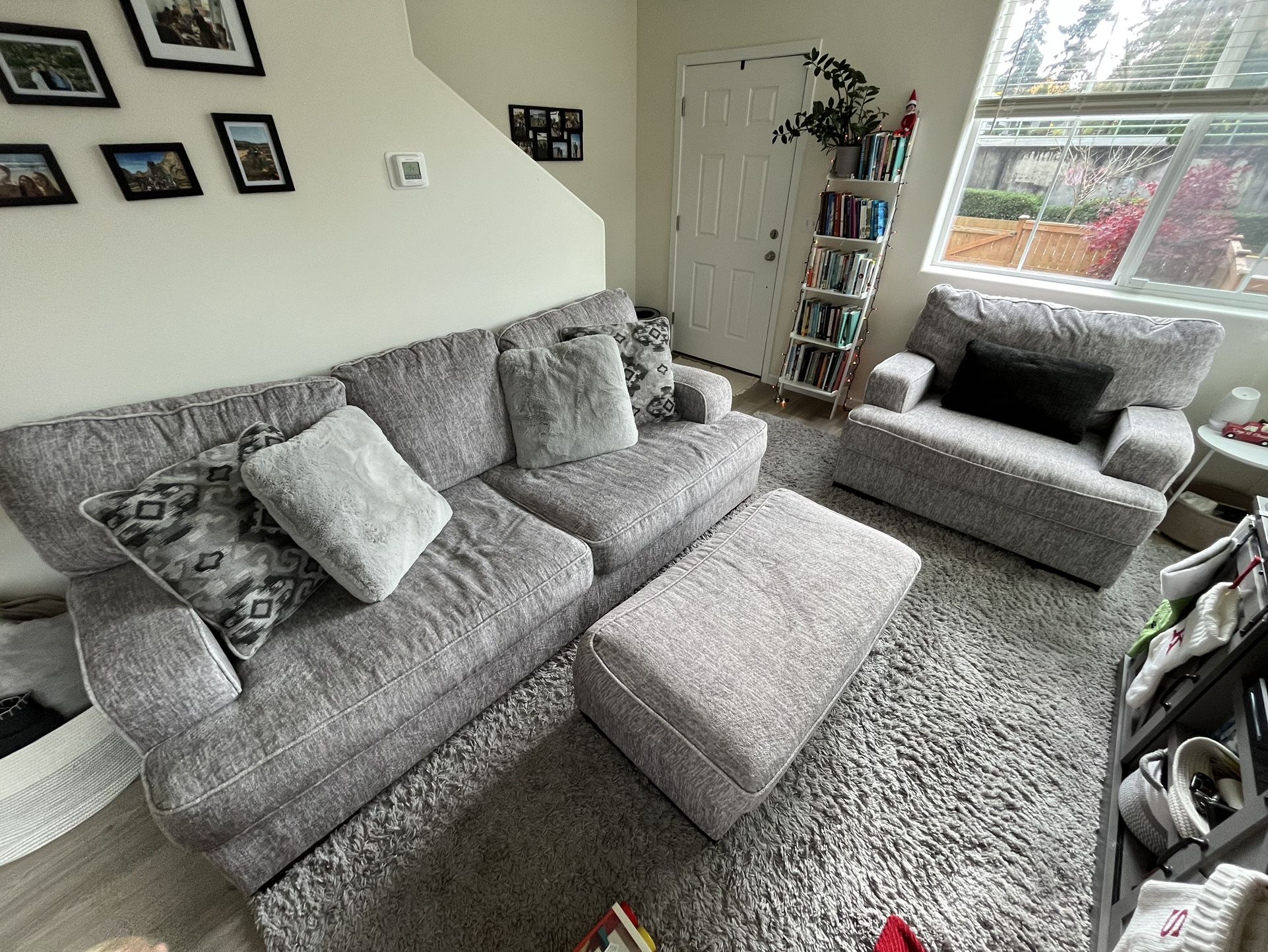 Grey Couch And Large Chair With Ottoman