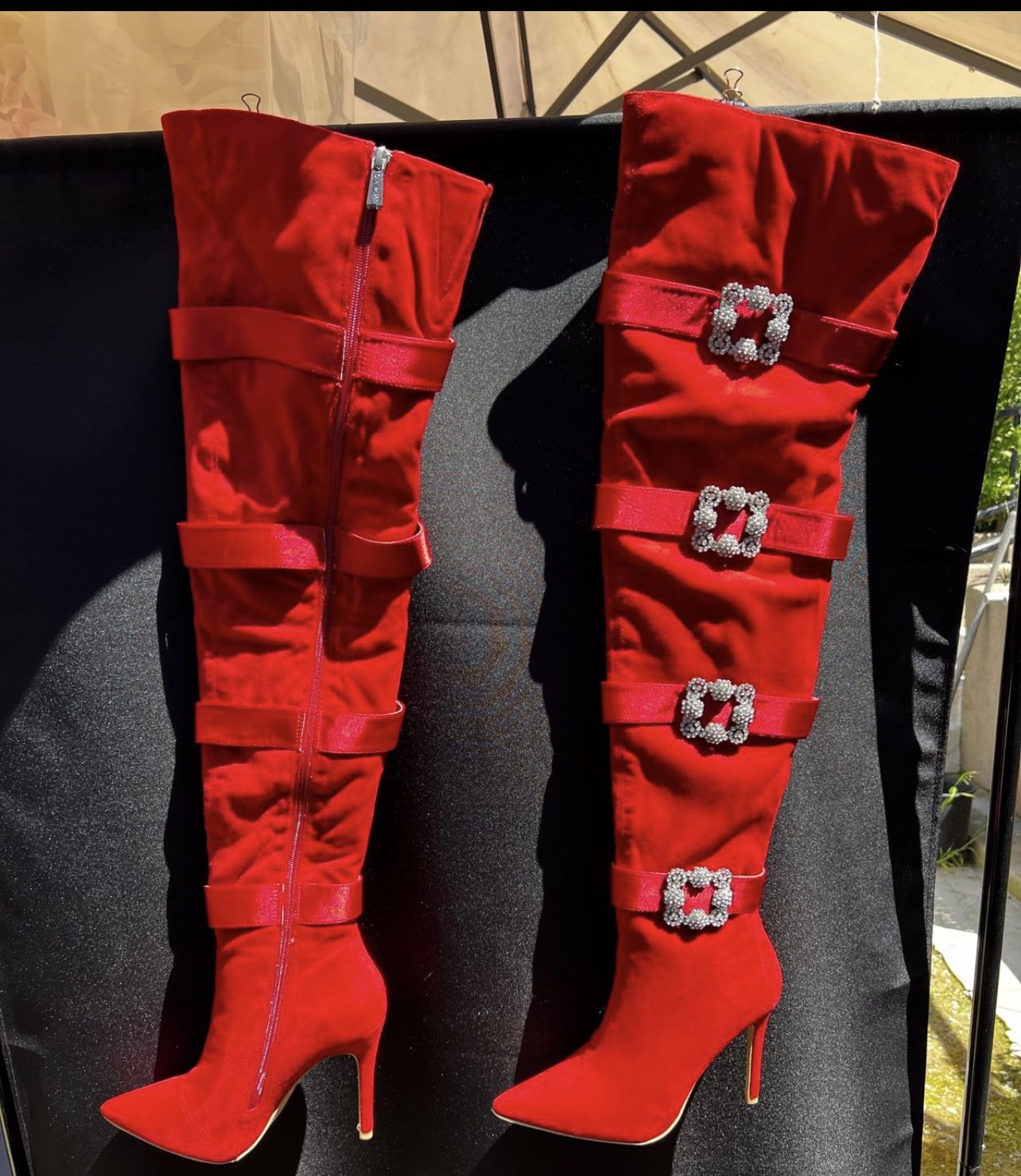 Cape Robin Thigh High Red boots Rhinestones & Satin