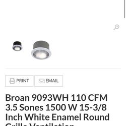 Broan 9093WH 110 CFM 3.5 Sones 1500 W 15-3/8 Inch White Enamel Round Grille Ventilation Fan/Heater with Lamp