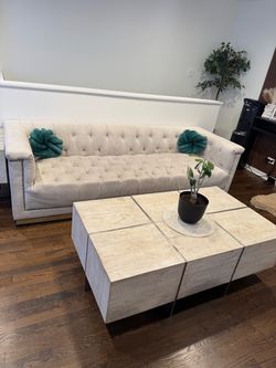 Beige Tufted Sofa & Loveseat Set + Oversized Coffee & End Table