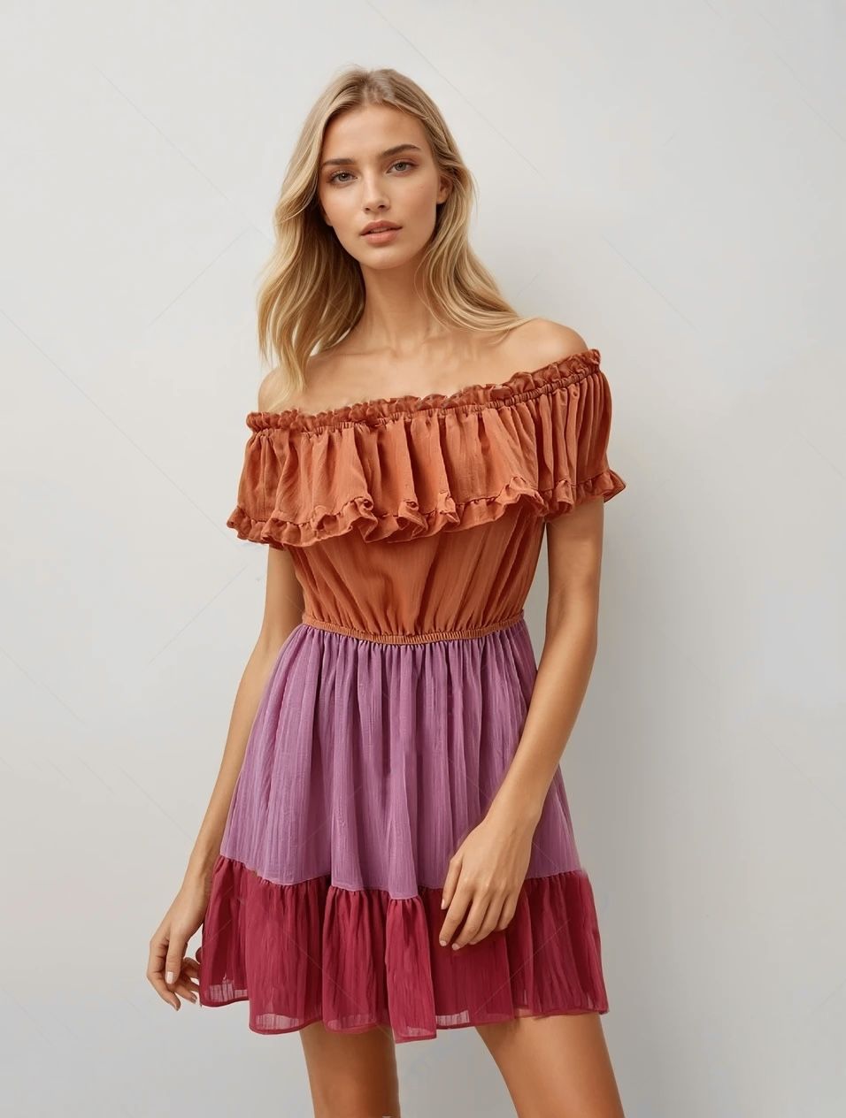 C' isa Off-the-Shoulder Ruffled Dress Burnt Orange Tiered Purple/Maroon Sz M NWT
