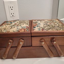 Vintage folding sewing box in oak wood