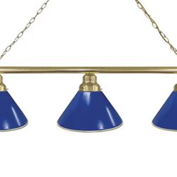 3-Light Pool Table Lights Linear Pendant. Brass & Royal Blue. 13'' H x 54'' W x 14'' D. Number of Lights: 3 Fixture Design: Pool Table Lights. MSRP $4