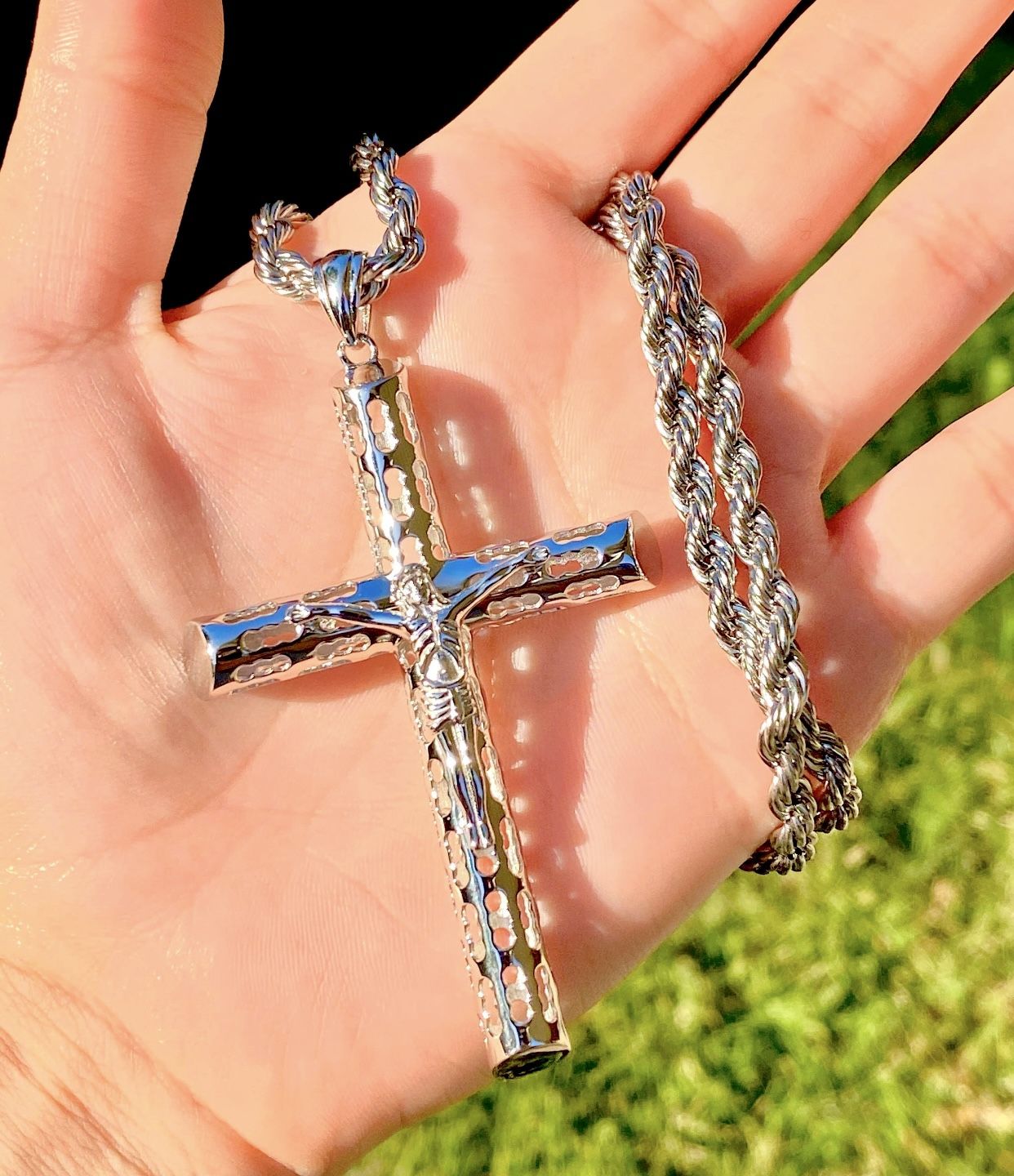 Italy 925 Sterling Silver Hollow Cross 5X 14K White Gold Layered Men’s Women, Stainless Steel Rope Chain 16”-24” Inches Set