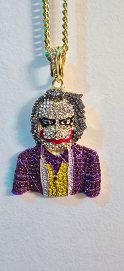 Hip Hop Iced Gold PT THE JOKER Pendant w/ 4mm 24" Rope Chain Necklace