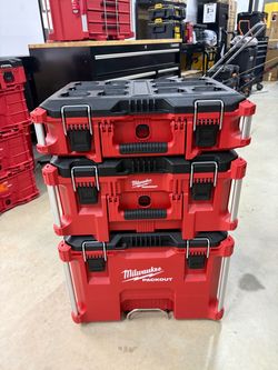BRAND NEW Shop Milwaukee PACKOUT 22 in. Rolling Tool Box, 22 in. Large Tool Box and 22 in. Medium Tool Box ProSystem Low Profile Handle