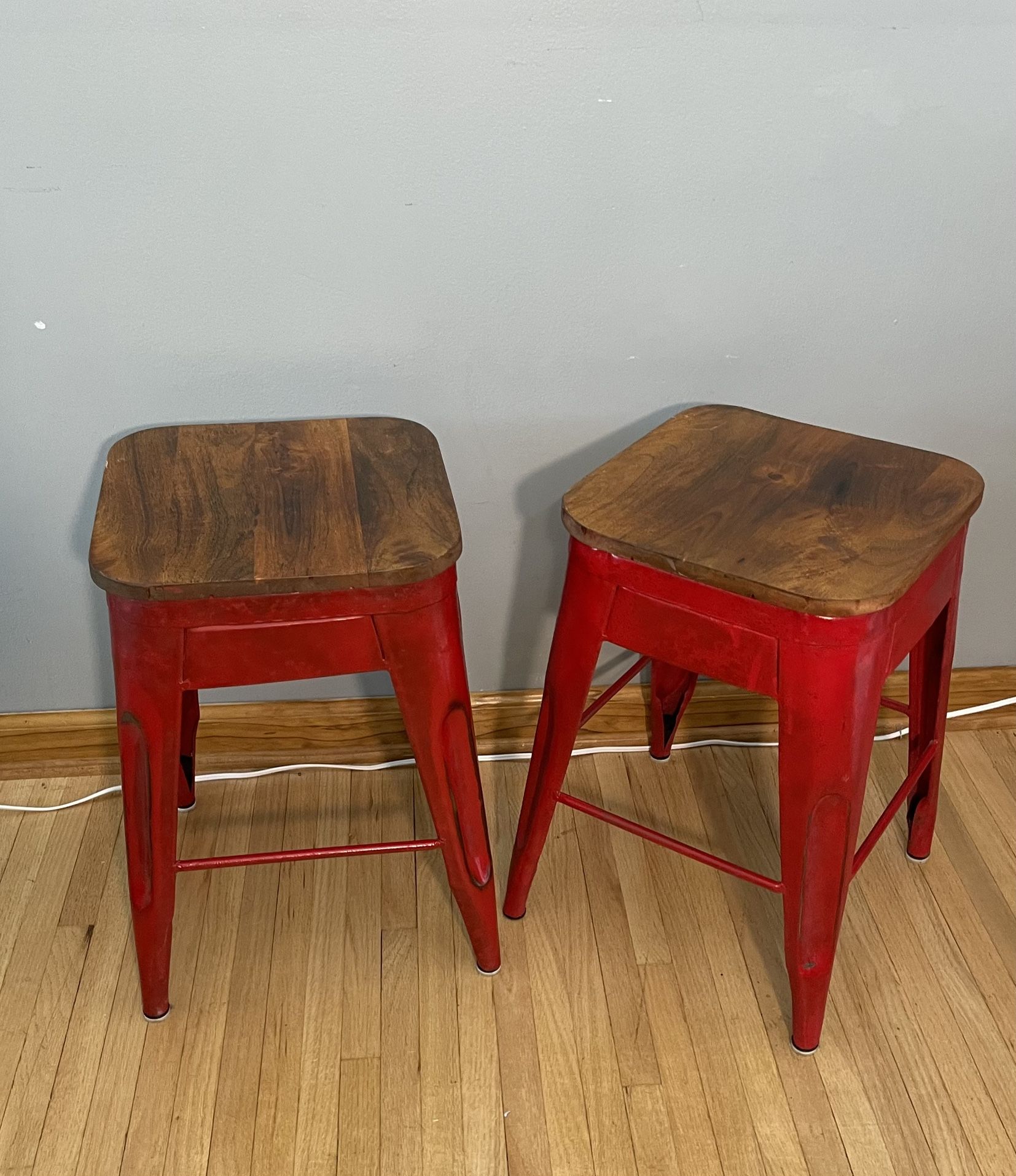 Pair of two kitchen table, stools, wood top farmhouse