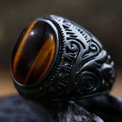 Men's Black Rhodium Plated Brown Tiger Eye Ring 12