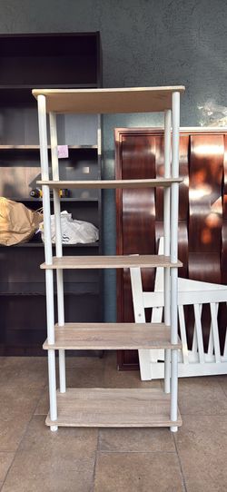 5-Tier Wood Grain and White Shelving Unit HEIGHT 58in. LENGTH 24In. DEPTH 12in