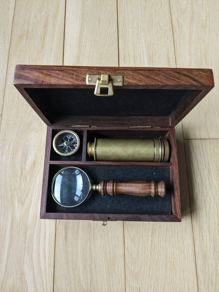 Antique Old World Maritime Navigation Set w Travel Telescope, Compass, Magnifying Glass in Rosewood Storage Box. A Collectible!
