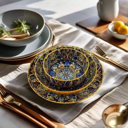 Brand New - Bohemian Blue - 12 Pc Dinnerware Dishes Set, Bohemian Boho Ceramic Kitchen Plate and Bowl for 4
