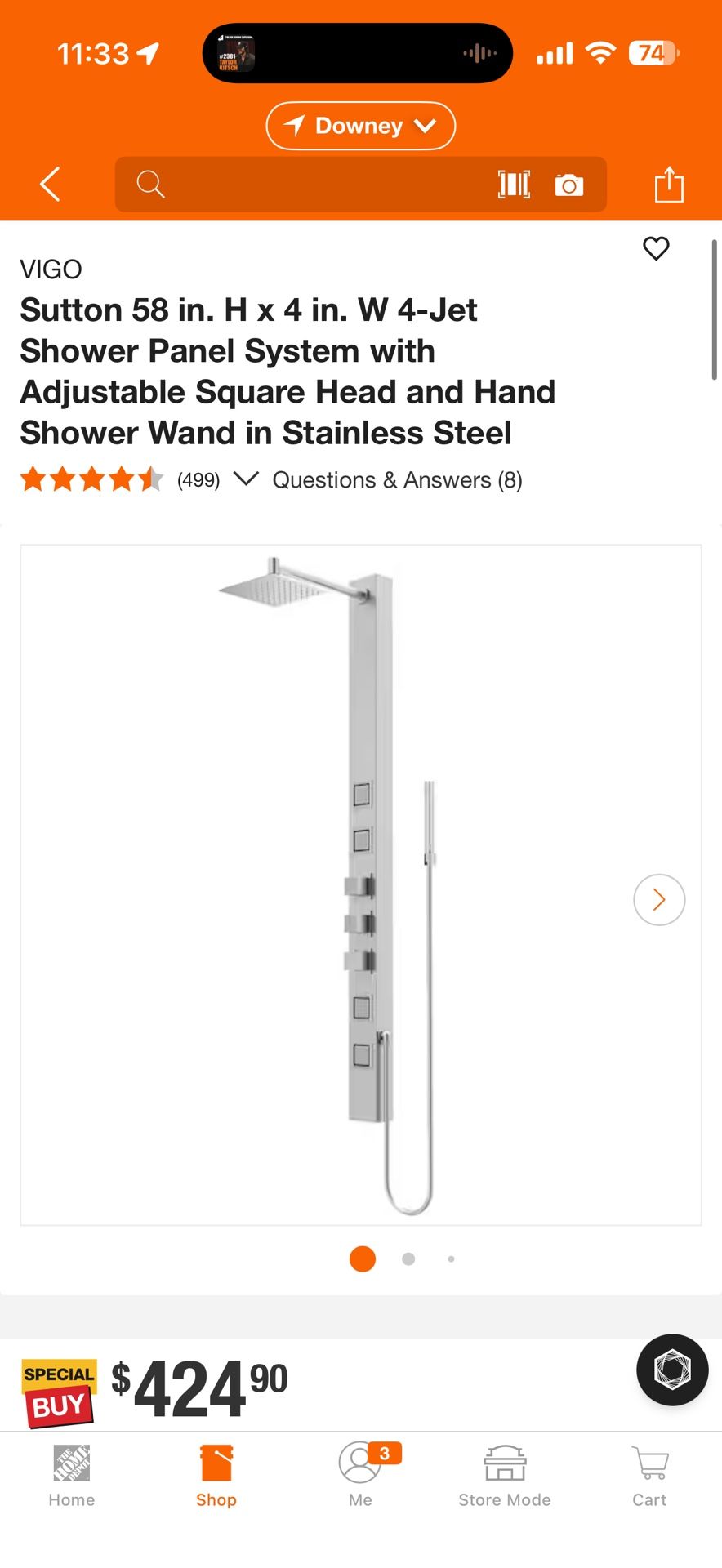 VIGO Sutton 58 in. H x 4 in. W 4-Jet Shower Panel System with Adjustable Square Head and Hand Shower Wand in Stainless Steel