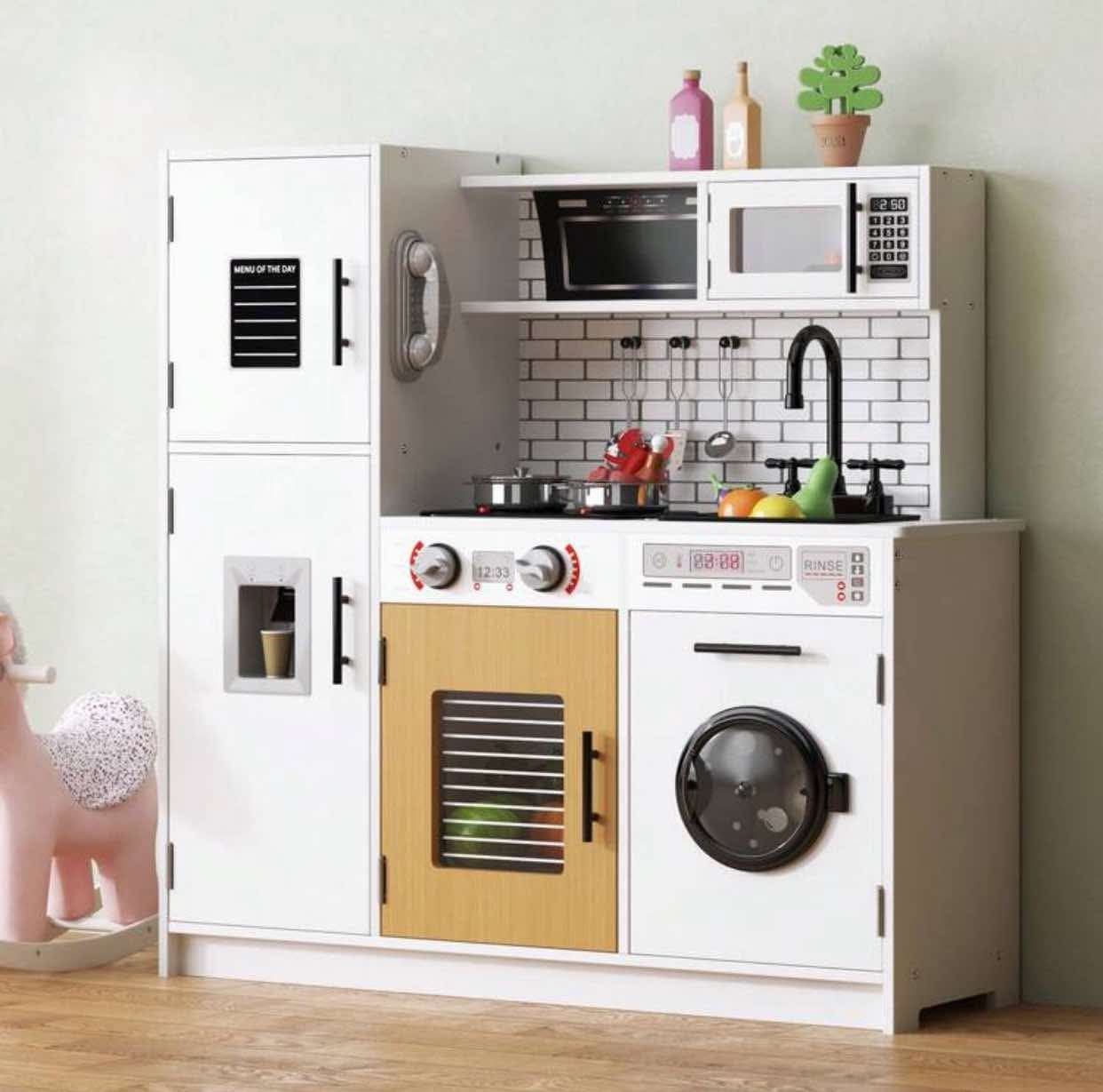 Wooden Children's Kitchen Toy Set With Lights, Children's Role-Playing Kitchen Toy Set With Sink Toy, Oven, Microwave, Washing Machine, Cooking Toy Se