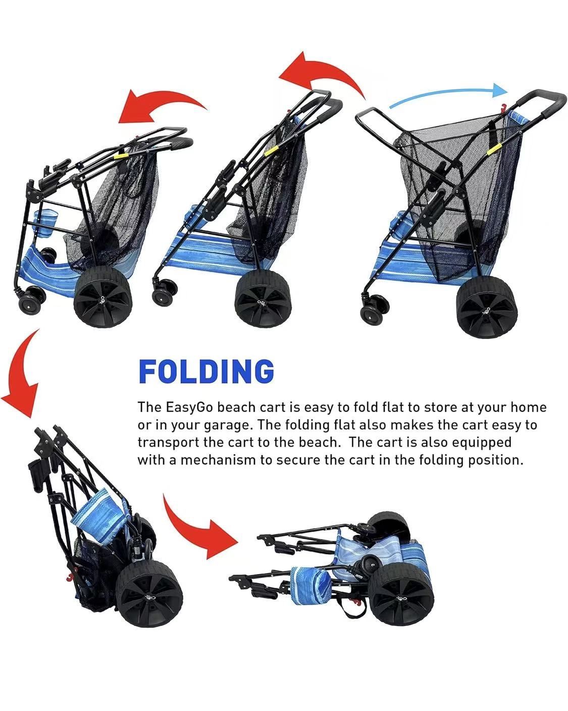 ✌️ Beach Cart Deluxe Heavy Duty Folding Ocean Utility Large Sand Wheels Holds 4 Folding Chairs Umbrella Holder Removable Storage Bag