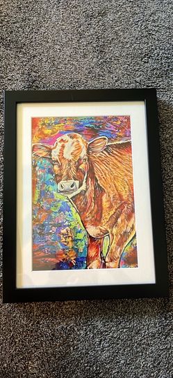 Vibrant Colorful Cow Art Print – Framed with White Matting (Modern Farmhouse Decor)