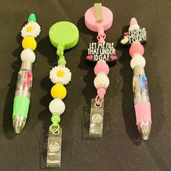 Handmade Beaded Pens And Matching Badge Reels