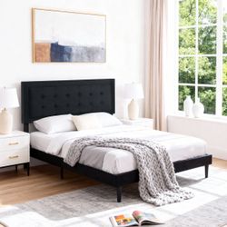 Queen Size Platform Bed Frame With Upholstered Headboard And Wood Slats Support