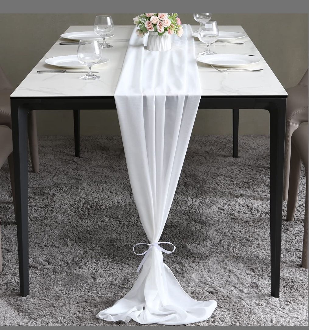 ICOSHOW 2 Pieces 10ft White Chiffon Table Runners 29 X 120 Inches Sheer Romantic Wedding Party Runner For Bridal Shower Baby Shower, Birthday Party 2