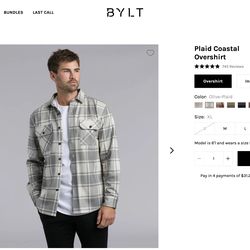 BYLT Basics - Plaid Coastal Overshirt Flannel XL - Olive Plaid - BRAND NEW W TAGS (NWT)