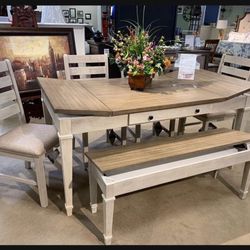 Two Tone Rectangular Kitchen Table & Chairs & Storage Bench Set 💫 Bran New 💯 Financing Available 👍 6 Piece Dining Room Set 💥