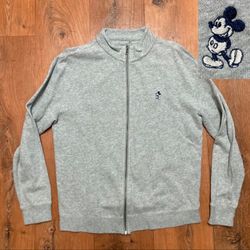Disney Parks Small Full Zip Mickey Mouse Logo Jacket Gray Sweater 100% Cotton