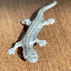 Vintage 925 Sterling Silver Marcasite Lizard Ruby Eyes Pin 