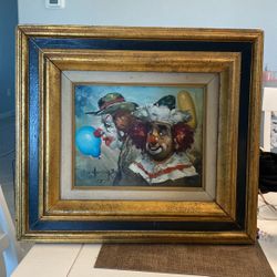 Vintage Original Signed WILLIAM MONINET (1(contact info removed)) PAINTINGON MASONITE PANEL, PORTRAIT OF TWOCLOWNS. 8X10